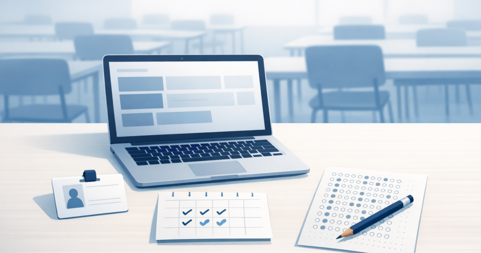 Takvim ve dizüstü bilgisayarın olduğu minimal YKS rehberi illüstrasyonu