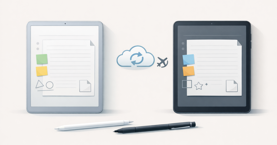 Yan yana iki tablette not alma ve PDF anotasyonu karşılaştırma illüstrasyonu