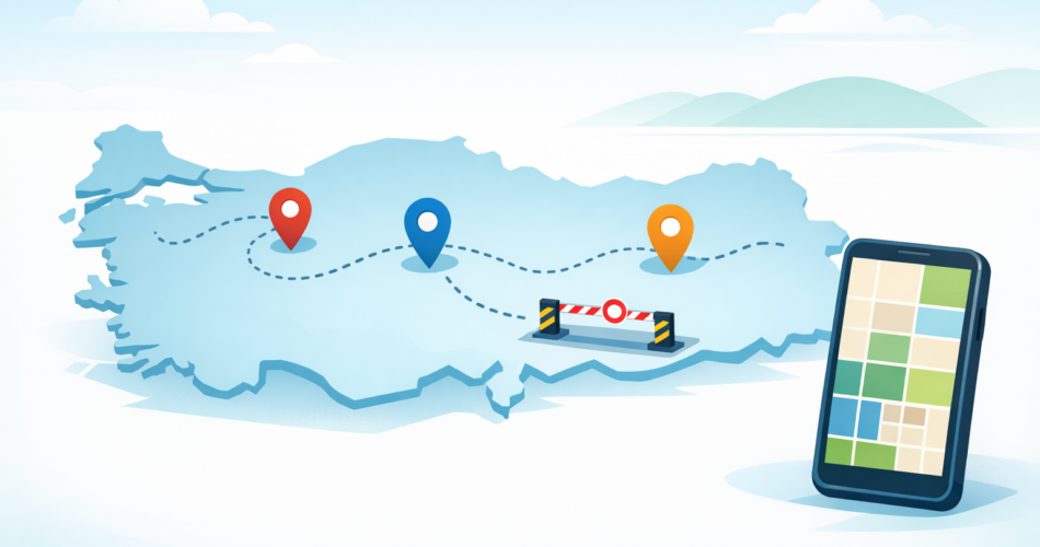 Türkiye haritası üzerinde konum pinleri ve kontrol noktası simgesi