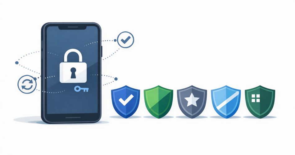 Akıllı telefon yanında farklı güvenlik kalkanlarıyla 2FA uygulaması karşılaştırması illüstrasyonu