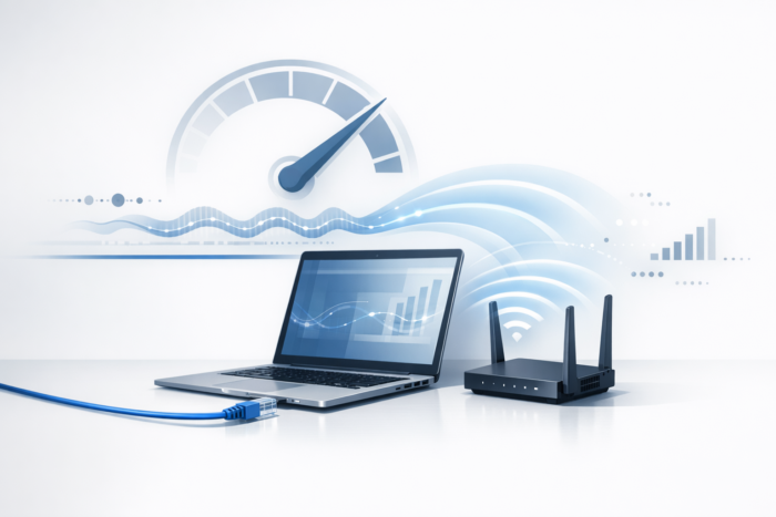 Ethernet kablosu ve Wi‑Fi dalgalarıyla internet hız testi karşılaştırması illüstrasyonu