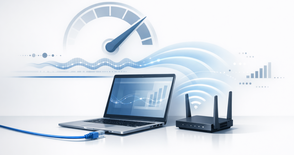 Ethernet kablosu ve Wi‑Fi dalgalarıyla internet hız testi karşılaştırması illüstrasyonu