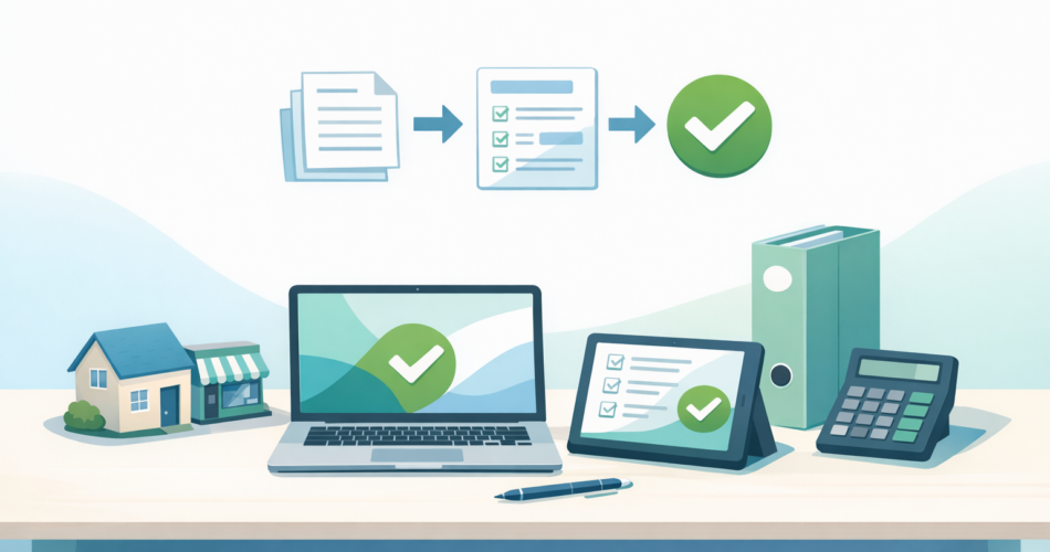 Kira gelirinin online beyanını simgeleyen laptop ve ev-işyeri ikonları