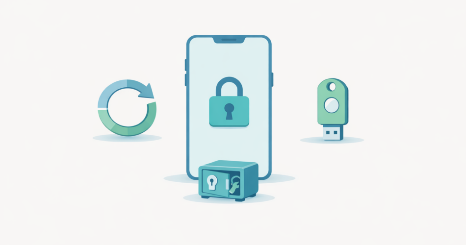 Telefon ve kilit çevresinde TOTP, şifre yöneticisi ve güvenlik anahtarı simgeleri