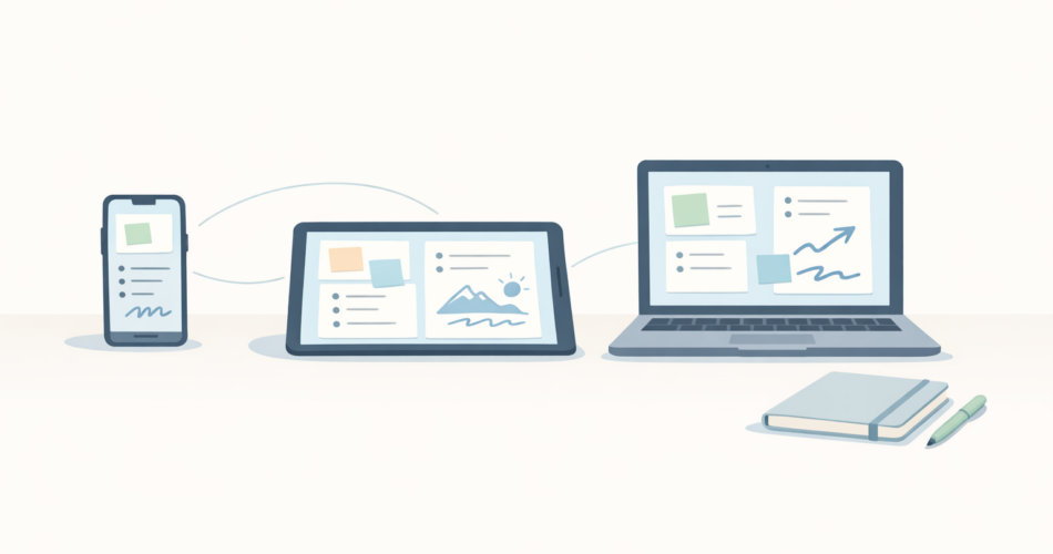 Telefon, tablet ve bilgisayarın yanında not kartlarıyla sade bir çalışma masası illüstrasyonu