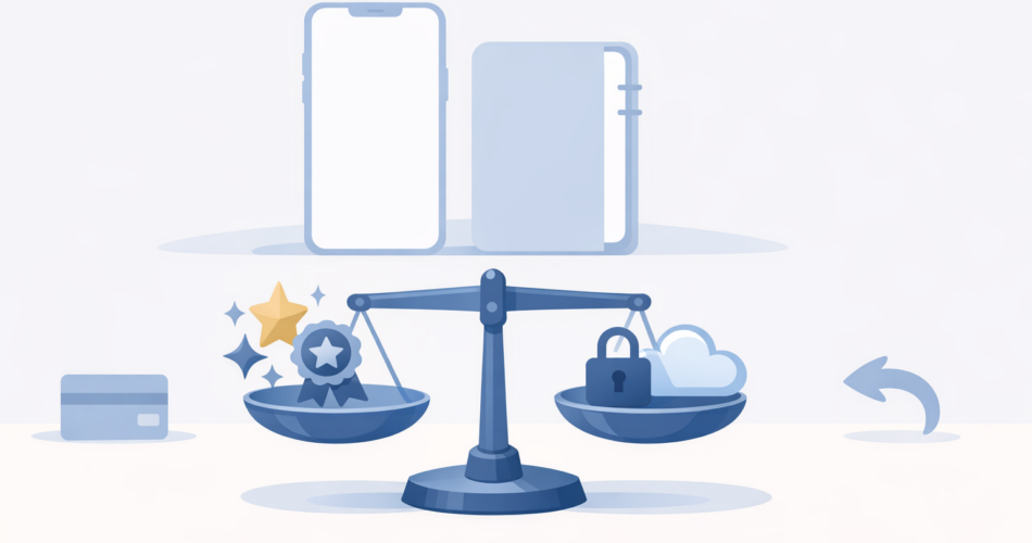 Premium abonelik kararını anlatan terazi ve telefon illüstrasyonu