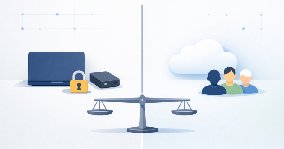 Offline depolama ve bulut iş birliğini karşılaştıran sembolik illüstrasyon