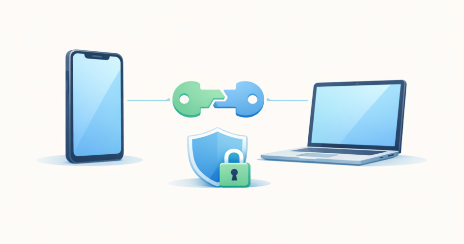 Telefon ve bilgisayar arasında passkey ile güvenli giriş metaforu