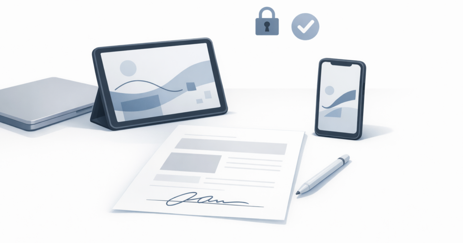 Tablet ve telefonda PDF belgesine imza eklemeyi simgeleyen illüstrasyon