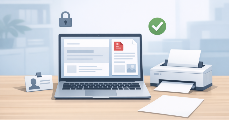 Dizüstü bilgisayarda PDF belge ve yanında yazıcı bulunan sade bir masa illüstrasyonu