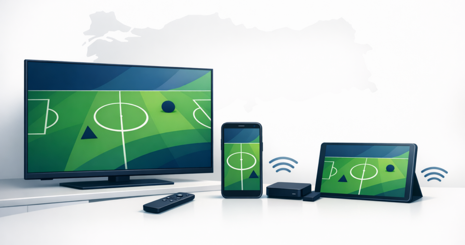 TV, telefon ve tablet üzerinde soyut futbol sahası görseli