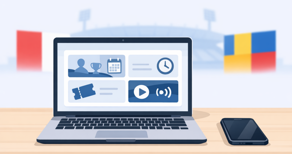 Dizüstü ve telefonda maç saat-yayın-bilet kontrolünü simgeleyen illüstrasyon