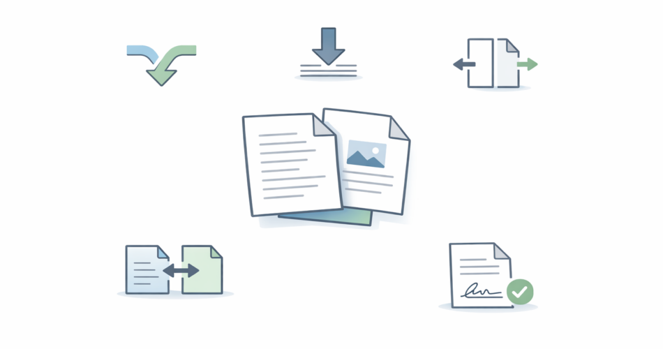 PDF birleştirme, bölme, sıkıştırma, dönüştürme ve imzalama ikonları olan minimal illüstrasyon