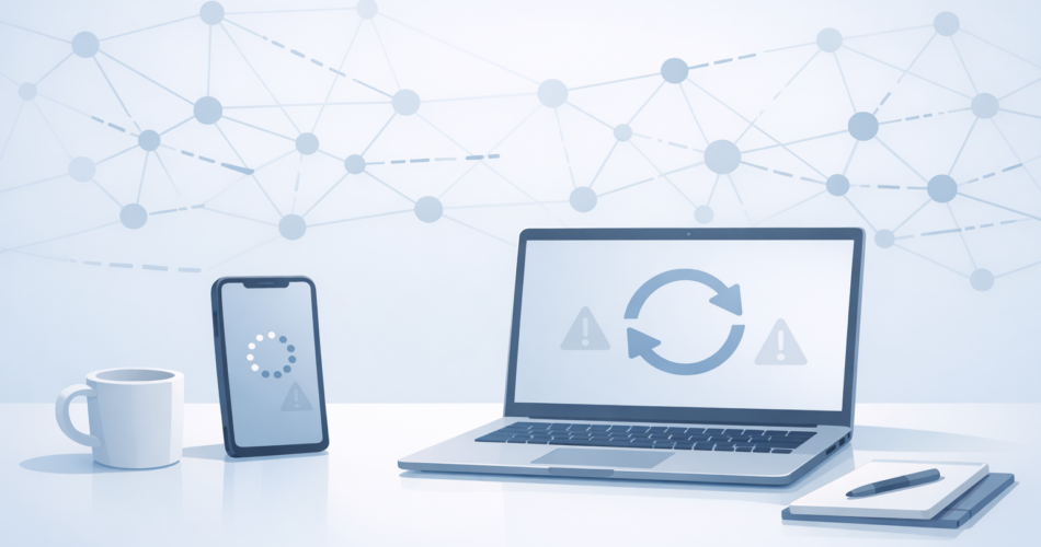 Telefon ve dizüstünde yükleme simgeleriyle ağ bağlantı kesintisi illüstrasyonu