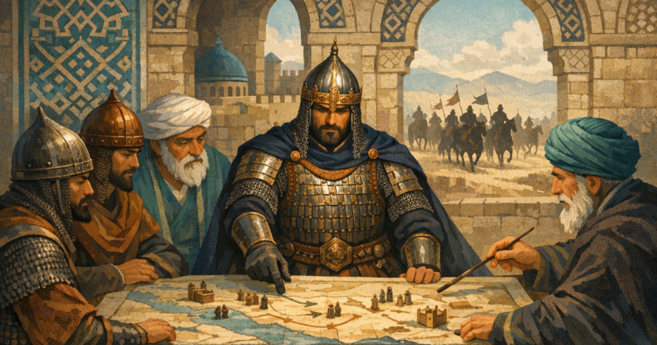 Harita başında strateji planlayan Selçuklu dönemi figürleri