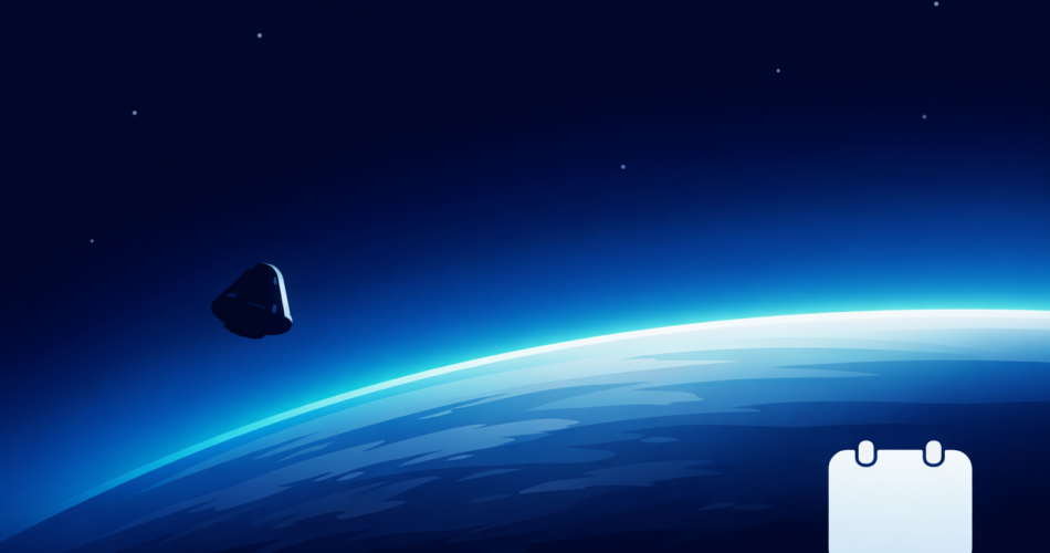 Dünya yörüngesinde ilerleyen uzay kapsülü ve boş takvim simgesi