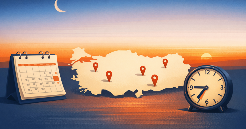 Türkiye haritası, takvim ve saat ile iftar vaktini simgeleyen illüstrasyon