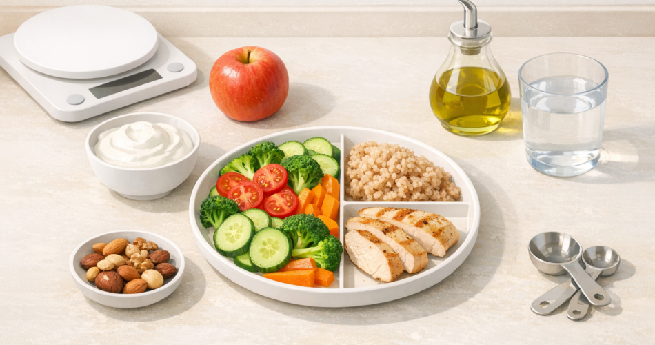 Dengeli porsiyonlara ayrılmış tabak ve sağlıklı yiyecekler