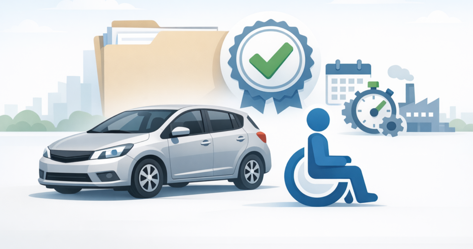 ÖTV muafiyetli engelli araç alımını simgeleyen belge, takvim ve otomobil illüstrasyonu