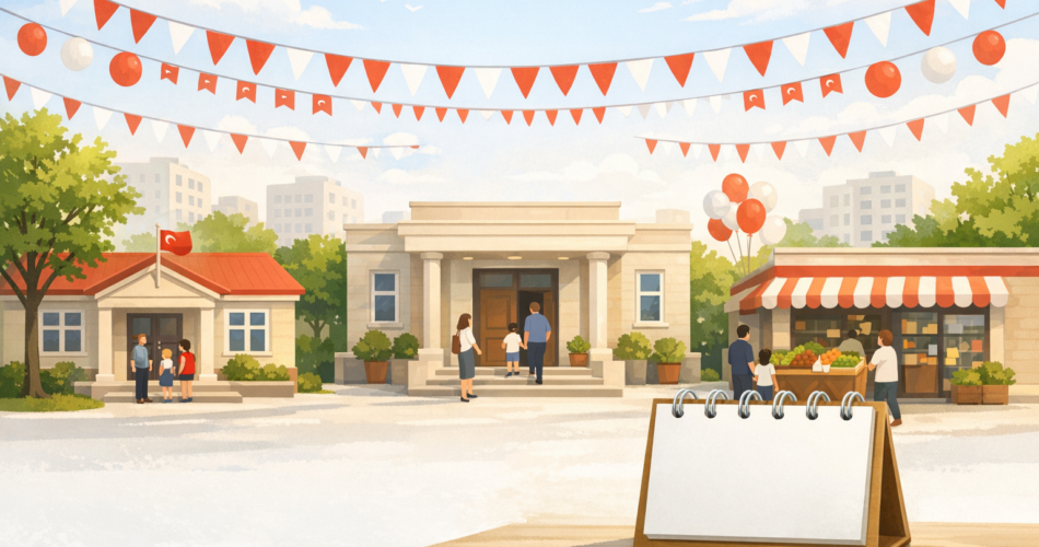 23 Nisan için okul, kamu kurumu ve marketi simgeleyen sade illüstrasyon