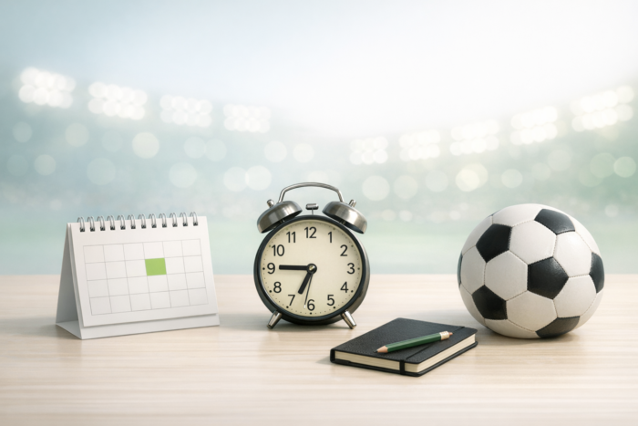 Takvim ve saat yanında futbol topu ile bugünkü maçları simgeleyen sahne