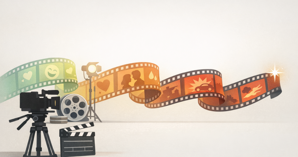 Film kamerası, klaket ve film şeritleriyle kariyer yolculuğunu anlatan illüstrasyon