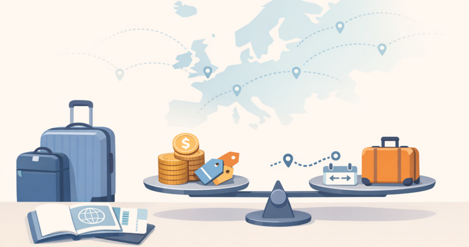 Bagaj, aktarma ve iade koşullarını dengeleyen Avrupa uçuşu seçim illüstrasyonu