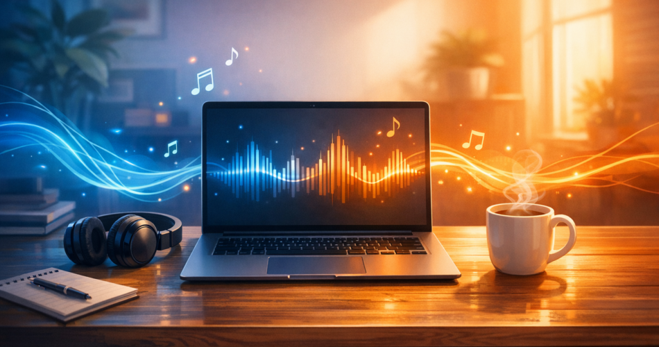 Çalışırken dinlenecek müzikler için masa başında laptop, kulaklık ve kahve kupası illüstrasyonu