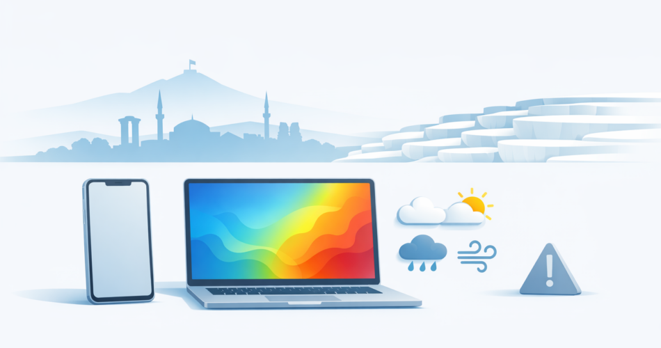 Denizli için harita ve ikonlarla hava durumu takibini anlatan illüstrasyon