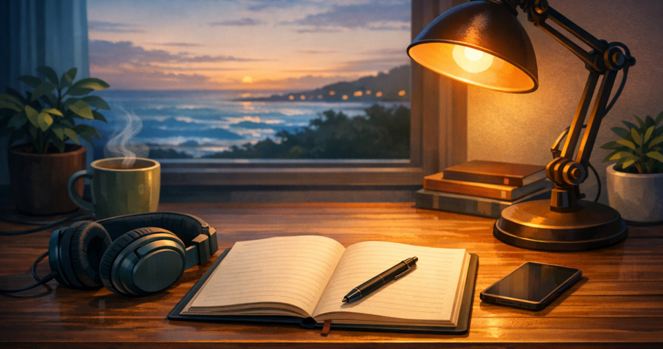 Ders çalışırken dinlenecek müzikler için defter, kulaklık ve masa lambalı çalışma köşesi illüstrasyonu