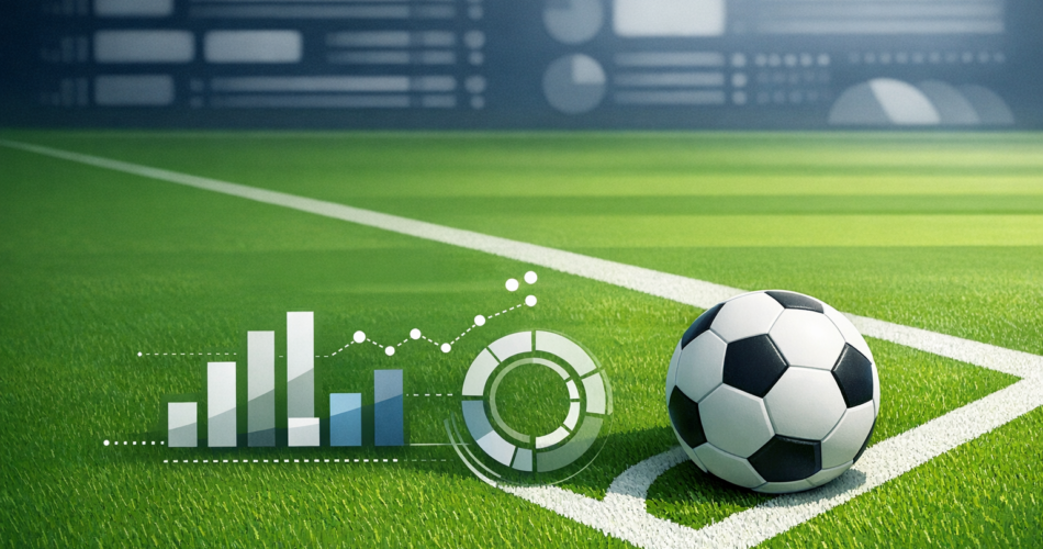 Futbol sahası üzerinde veri grafikleriyle sıralama hesabını simgeleyen illüstrasyon