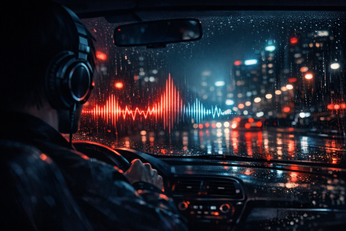Gece dinlenecek müzikler için şehir ışıkları ve late night sürüş hissi veren illüstrasyon