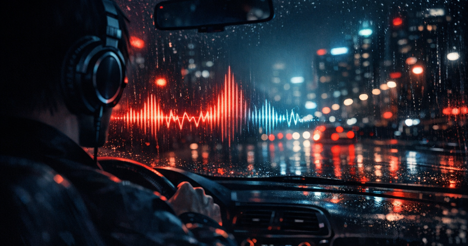 Gece dinlenecek müzikler için şehir ışıkları ve late night sürüş hissi veren illüstrasyon