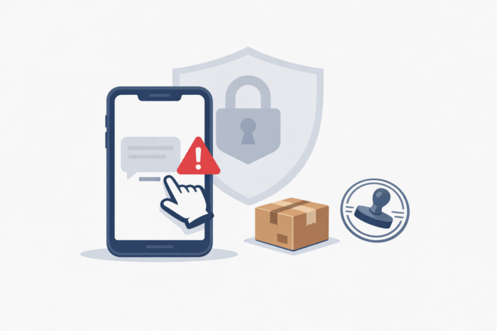 Linkli SMS uyarısı yanında paket ve kilit simgesi bulunan telefon illüstrasyonu