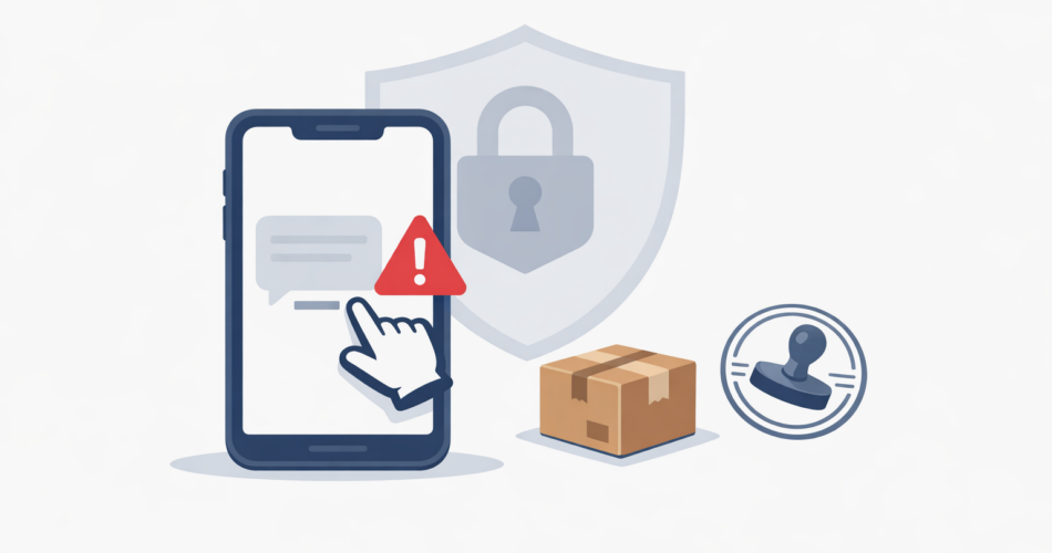 Linkli SMS uyarısı yanında paket ve kilit simgesi bulunan telefon illüstrasyonu