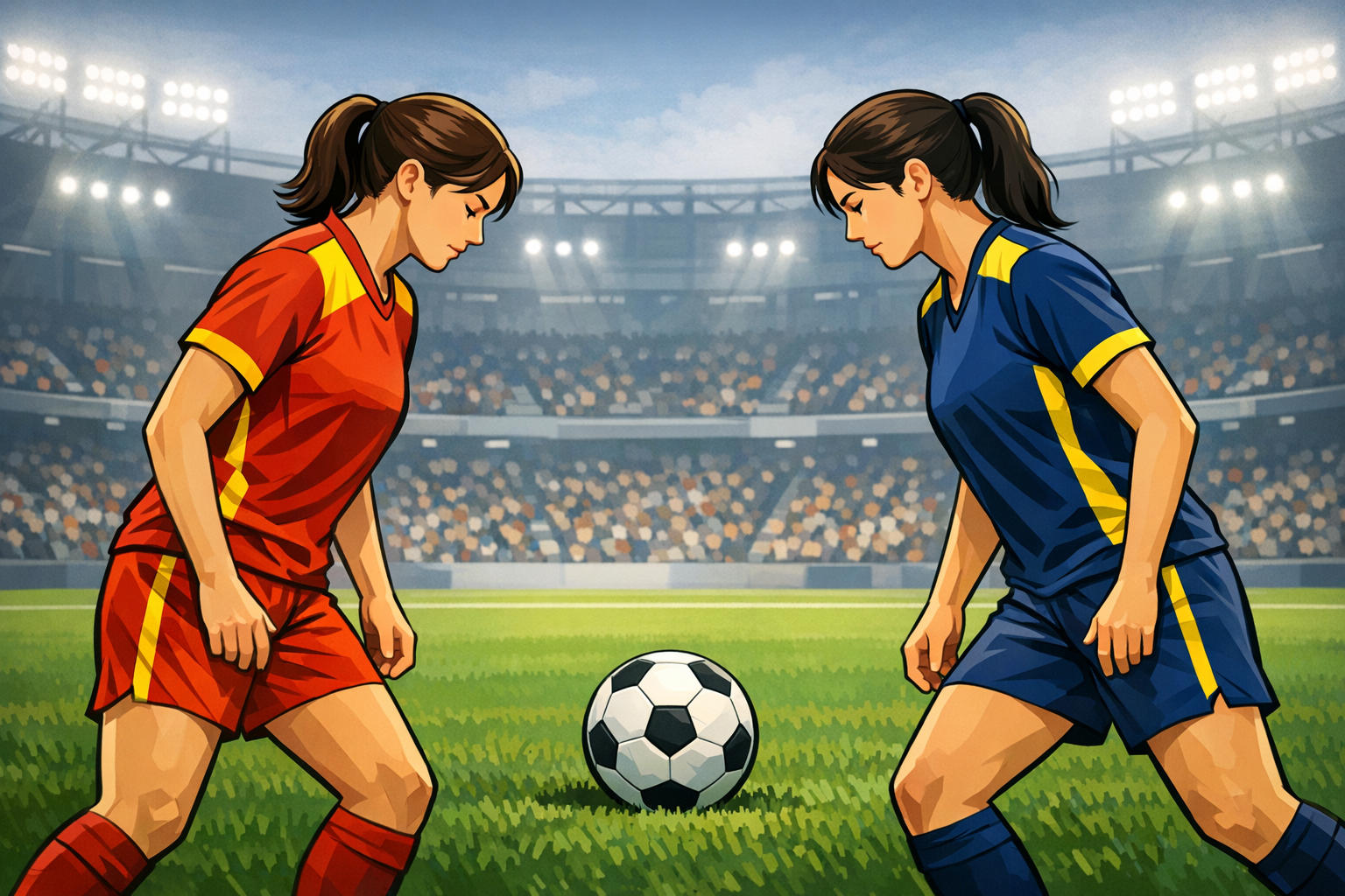 Stadyumda karşı karşıya duran iki kadın futbolcu