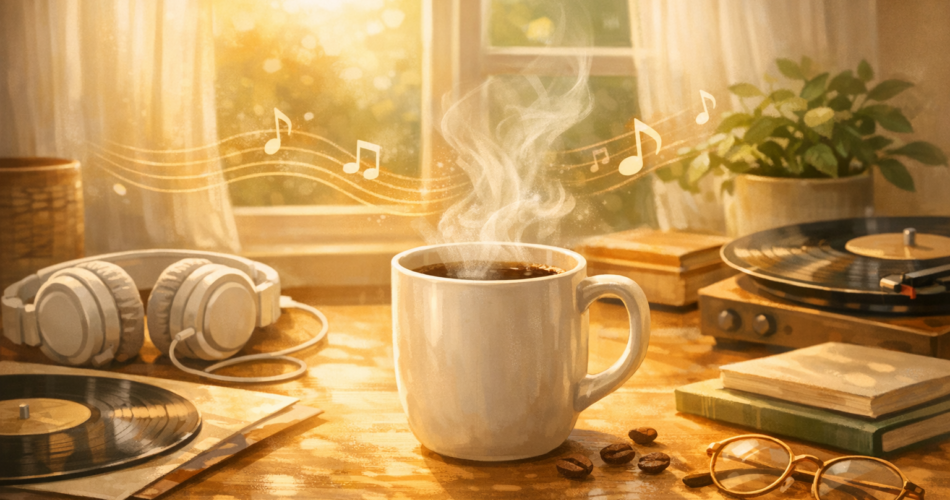 Kahve içerken dinlenecek müzikler için sabah ışığında kahve kupası ve kulaklık illüstrasyonu
