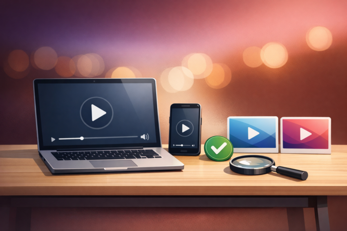 Dizüstü ve telefonda fragman araması yapan kişi illüstrasyonu