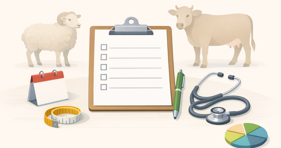 Kurban rehberi için koyun ve sığır silüetleriyle kontrol listesi illüstrasyonu