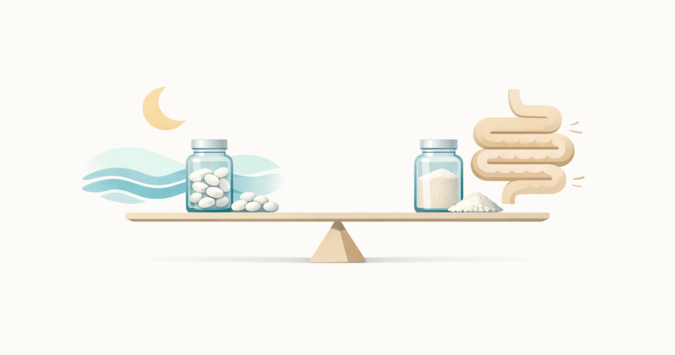 Terazi üzerinde iki farklı magnezyum takviyesini karşılaştıran sade illüstrasyon