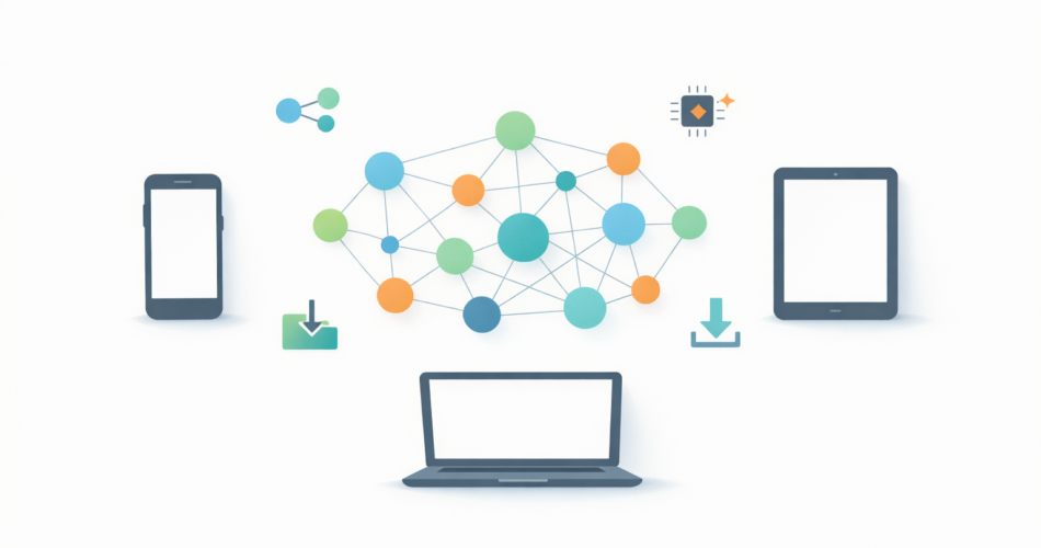 Farklı cihazlar arasında zihin haritası ağını gösteren minimal illüstrasyon