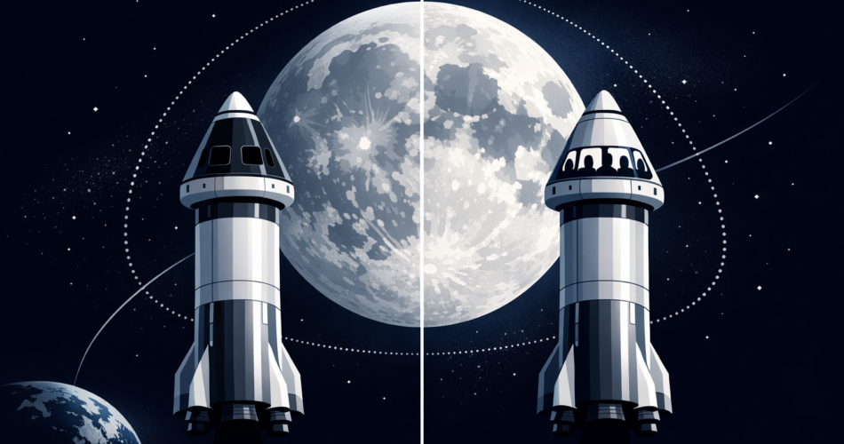 Ay yörüngesine giden mürettebatlı kapsül ve roket illüstrasyonu