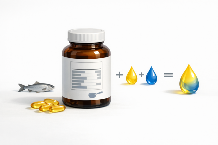Omega-3 şişesi ve kapsüllerle etiket okuma temalı illüstrasyon