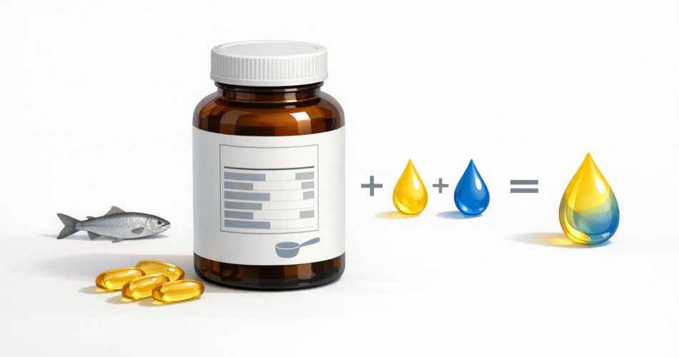 Omega-3 şişesi ve kapsüllerle etiket okuma temalı illüstrasyon