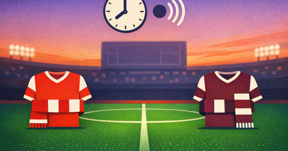 Stadyum fonunda iki takım simgesi, saat ve yayın dalgası ikonları