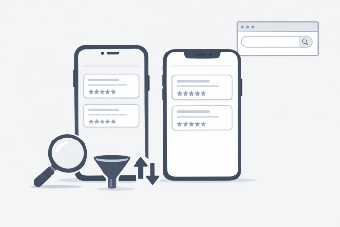 Yorum kartları ve büyüteçle aramayı anlatan iki telefon illüstrasyonu