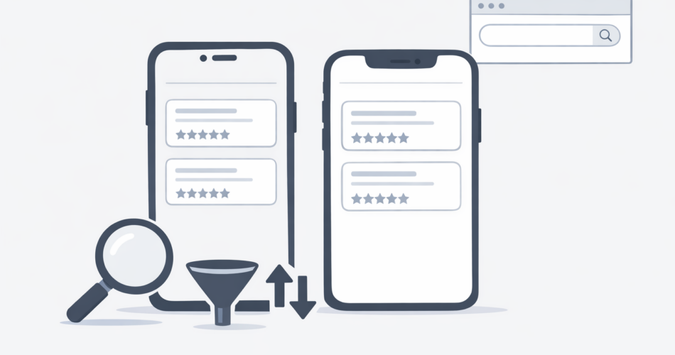 Yorum kartları ve büyüteçle aramayı anlatan iki telefon illüstrasyonu