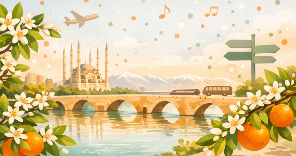 Portakal çiçekleri ve Adana siluetiyle festival ve ulaşımı simgeleyen illüstrasyon