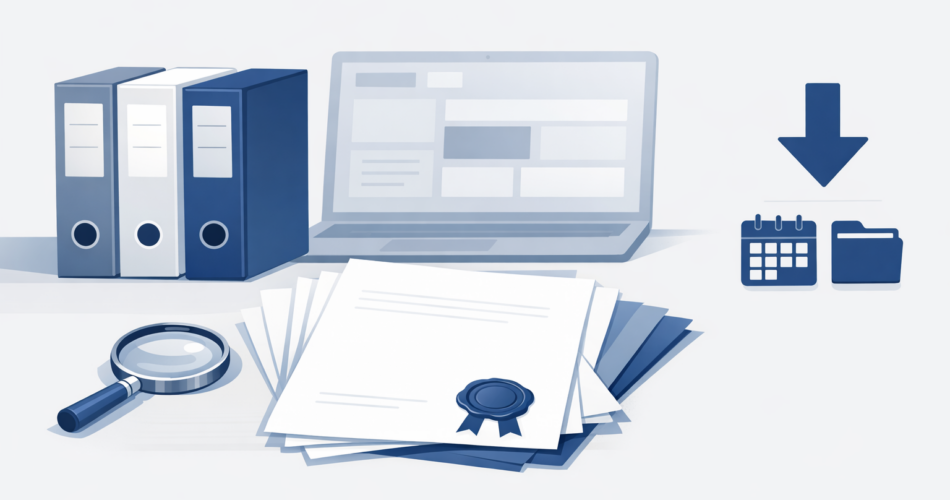 PDF, arşiv ve arama işlemlerini simgeleyen resmi evrak ve arşiv illüstrasyonu