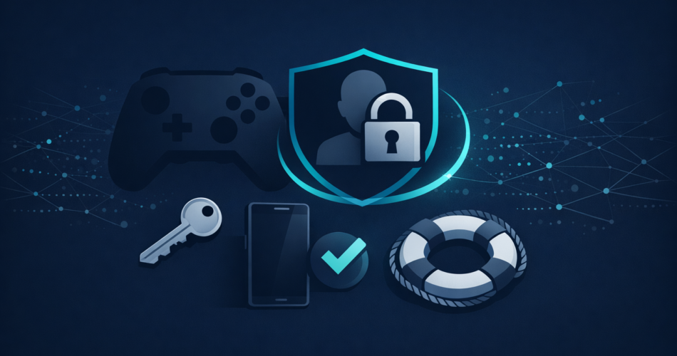 Oyun hesabı güvenliğini simgeleyen kilit ve 2FA ikonları